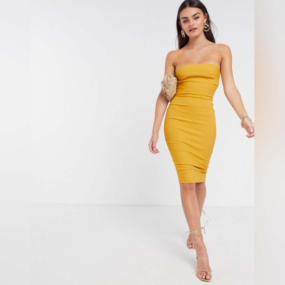 ASOS Vesper Spaghetti Strap Cut Out MIDI Dress in Golden Yellow
